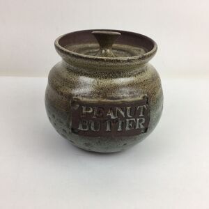 Pottery lidded Jar "Peanut Butter" varigated color Vintage Signed '77